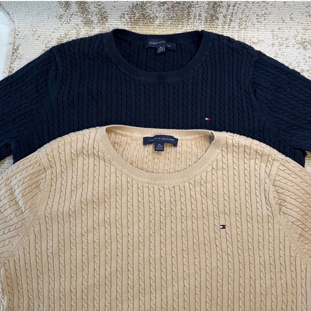 TOMMY HILFIGER Women Navy Beige Short Sleeve Cable Knit Lightweight Sweaters XL